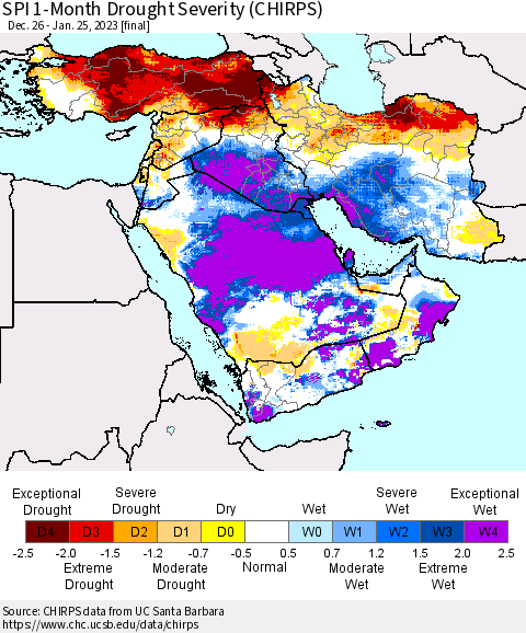 Middle East and Turkey SPI 1-Month Drought Severity (CHIRPS) Thematic Map For 12/26/2022 - 1/25/2023