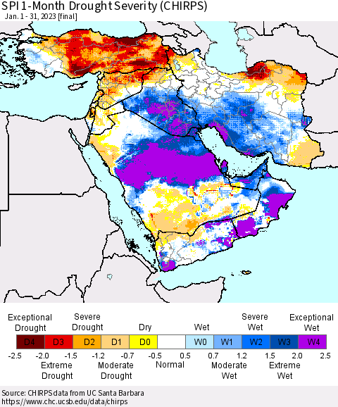 Middle East and Turkey SPI 1-Month Drought Severity (CHIRPS) Thematic Map For 1/1/2023 - 1/31/2023