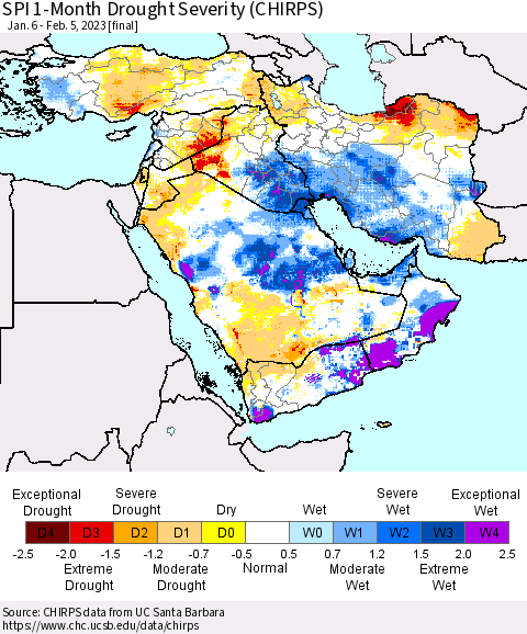 Middle East and Turkey SPI 1-Month Drought Severity (CHIRPS) Thematic Map For 1/6/2023 - 2/5/2023