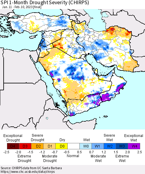 Middle East and Turkey SPI 1-Month Drought Severity (CHIRPS) Thematic Map For 1/11/2023 - 2/10/2023