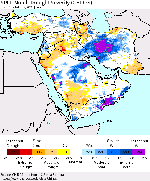 Middle East and Turkey SPI 1-Month Drought Severity (CHIRPS) Thematic Map For 1/16/2023 - 2/15/2023