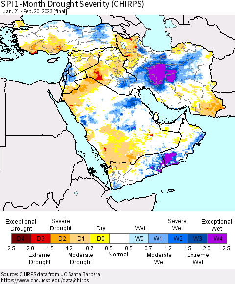Middle East and Turkey SPI 1-Month Drought Severity (CHIRPS) Thematic Map For 1/21/2023 - 2/20/2023