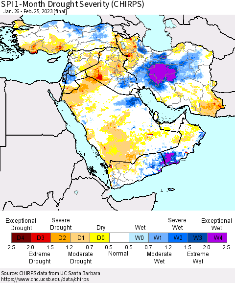 Middle East and Turkey SPI 1-Month Drought Severity (CHIRPS) Thematic Map For 1/26/2023 - 2/25/2023
