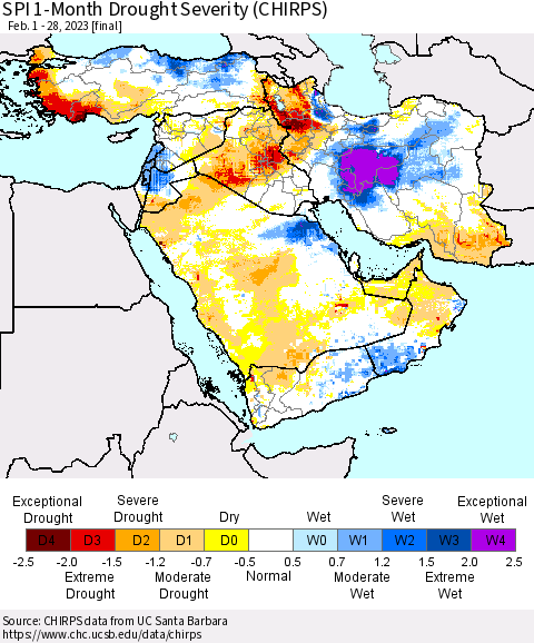 Middle East and Turkey SPI 1-Month Drought Severity (CHIRPS) Thematic Map For 2/1/2023 - 2/28/2023