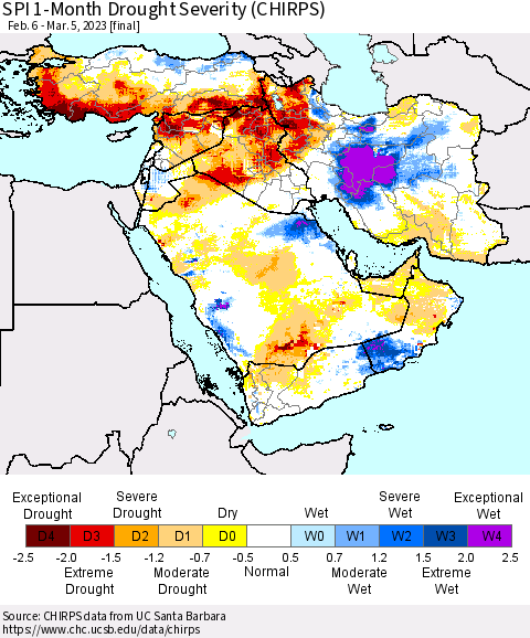 Middle East and Turkey SPI 1-Month Drought Severity (CHIRPS) Thematic Map For 2/6/2023 - 3/5/2023