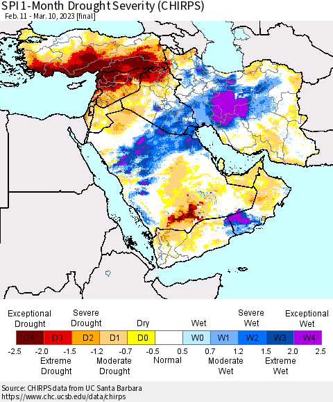 Middle East and Turkey SPI 1-Month Drought Severity (CHIRPS) Thematic Map For 2/11/2023 - 3/10/2023