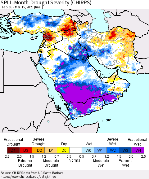 Middle East and Turkey SPI 1-Month Drought Severity (CHIRPS) Thematic Map For 2/16/2023 - 3/15/2023