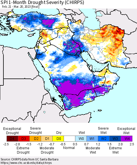 Middle East and Turkey SPI 1-Month Drought Severity (CHIRPS) Thematic Map For 2/21/2023 - 3/20/2023