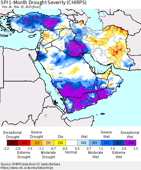 Middle East and Turkey SPI 1-Month Drought Severity (CHIRPS) Thematic Map For 2/26/2023 - 3/25/2023