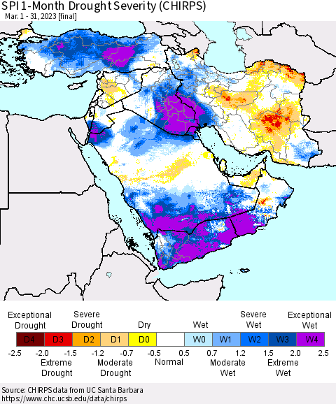 Middle East and Turkey SPI 1-Month Drought Severity (CHIRPS) Thematic Map For 3/1/2023 - 3/31/2023