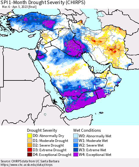 Middle East and Turkey SPI 1-Month Drought Severity (CHIRPS) Thematic Map For 3/6/2023 - 4/5/2023