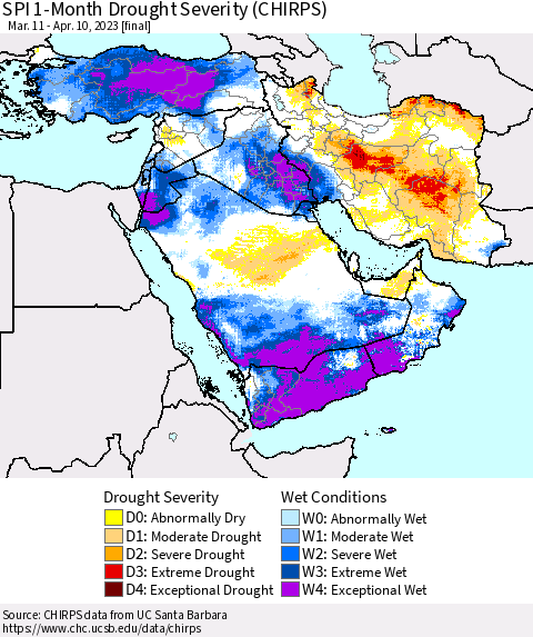 Middle East and Turkey SPI 1-Month Drought Severity (CHIRPS) Thematic Map For 3/11/2023 - 4/10/2023