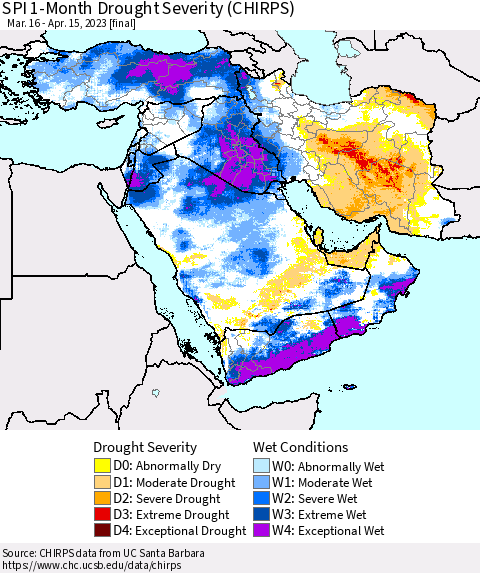 Middle East and Turkey SPI 1-Month Drought Severity (CHIRPS) Thematic Map For 3/16/2023 - 4/15/2023