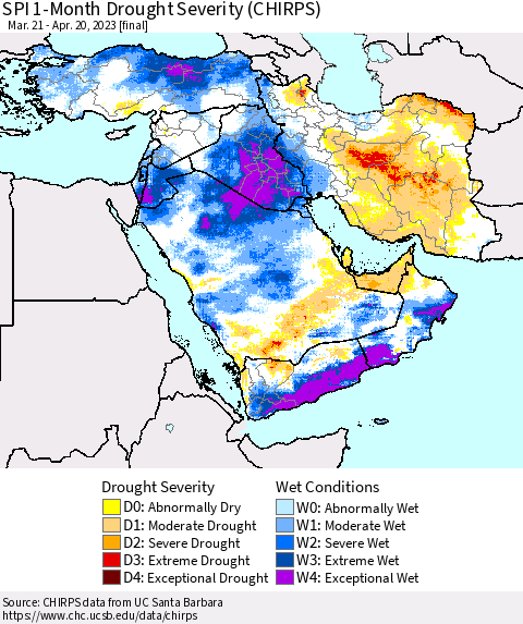 Middle East and Turkey SPI 1-Month Drought Severity (CHIRPS) Thematic Map For 3/21/2023 - 4/20/2023