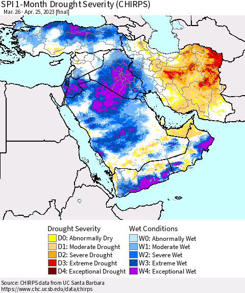 Middle East and Turkey SPI 1-Month Drought Severity (CHIRPS) Thematic Map For 3/26/2023 - 4/25/2023