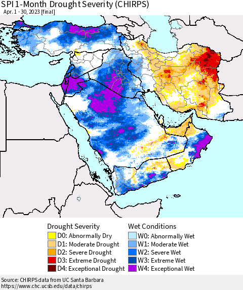 Middle East and Turkey SPI 1-Month Drought Severity (CHIRPS) Thematic Map For 4/1/2023 - 4/30/2023