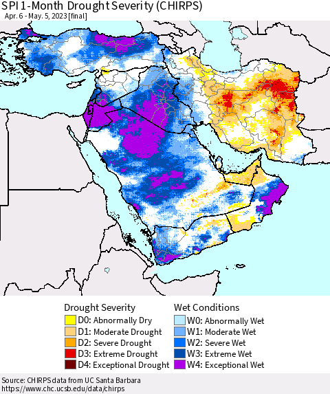 Middle East and Turkey SPI 1-Month Drought Severity (CHIRPS) Thematic Map For 4/6/2023 - 5/5/2023