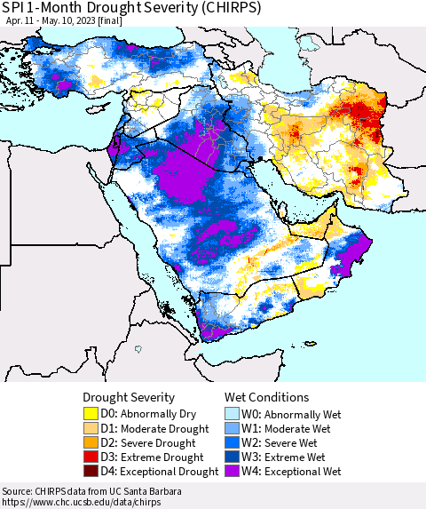 Middle East and Turkey SPI 1-Month Drought Severity (CHIRPS) Thematic Map For 4/11/2023 - 5/10/2023