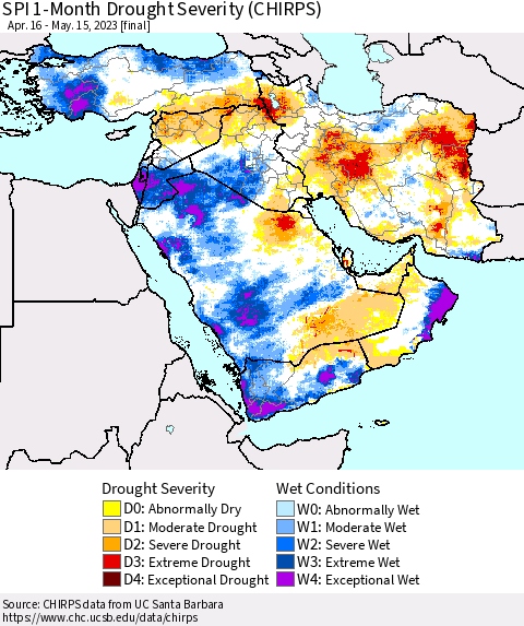 Middle East and Turkey SPI 1-Month Drought Severity (CHIRPS) Thematic Map For 4/16/2023 - 5/15/2023