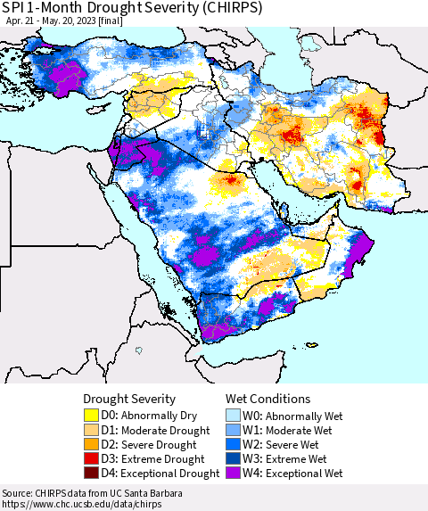 Middle East and Turkey SPI 1-Month Drought Severity (CHIRPS) Thematic Map For 4/21/2023 - 5/20/2023