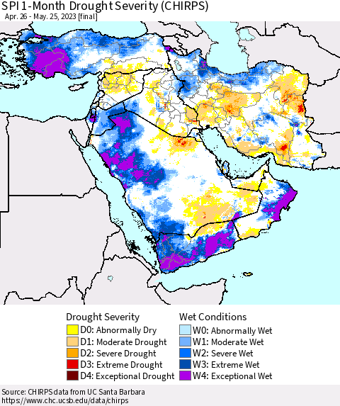Middle East and Turkey SPI 1-Month Drought Severity (CHIRPS) Thematic Map For 4/26/2023 - 5/25/2023