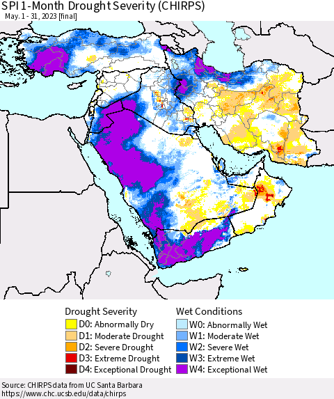 Middle East and Turkey SPI 1-Month Drought Severity (CHIRPS) Thematic Map For 5/1/2023 - 5/31/2023