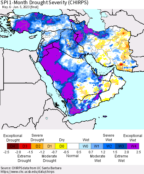 Middle East and Turkey SPI 1-Month Drought Severity (CHIRPS) Thematic Map For 5/6/2023 - 6/5/2023