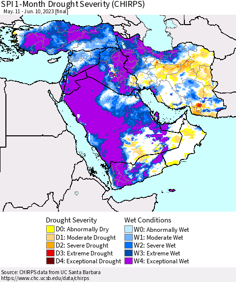 Middle East and Turkey SPI 1-Month Drought Severity (CHIRPS) Thematic Map For 5/11/2023 - 6/10/2023