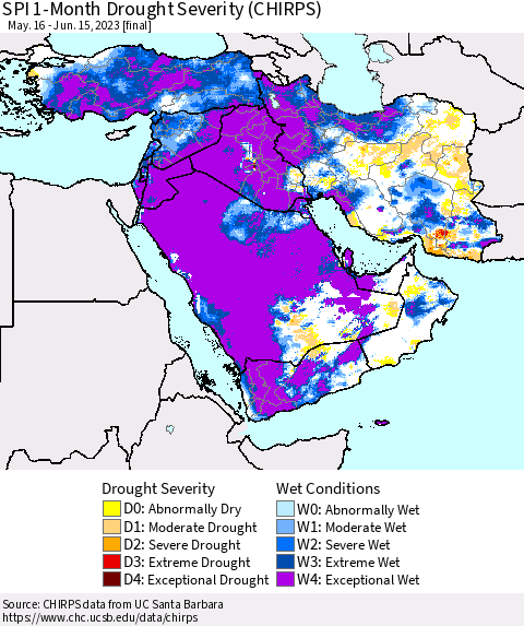 Middle East and Turkey SPI 1-Month Drought Severity (CHIRPS) Thematic Map For 5/16/2023 - 6/15/2023