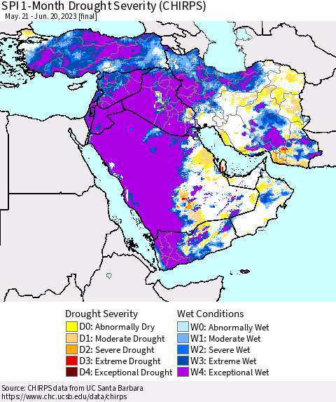 Middle East and Turkey SPI 1-Month Drought Severity (CHIRPS) Thematic Map For 5/21/2023 - 6/20/2023