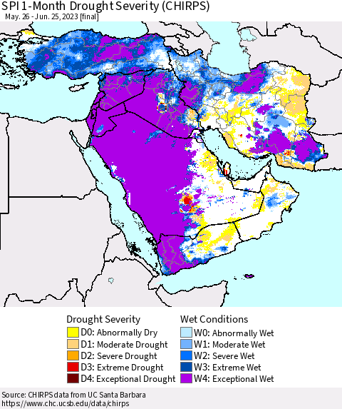 Middle East and Turkey SPI 1-Month Drought Severity (CHIRPS) Thematic Map For 5/26/2023 - 6/25/2023