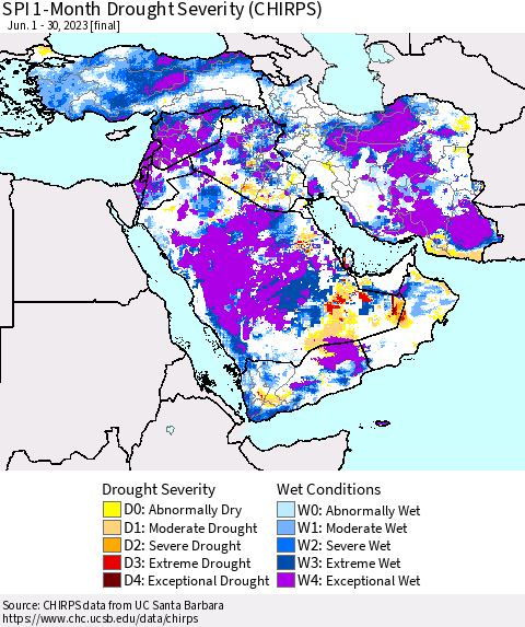 Middle East and Turkey SPI 1-Month Drought Severity (CHIRPS) Thematic Map For 6/1/2023 - 6/30/2023