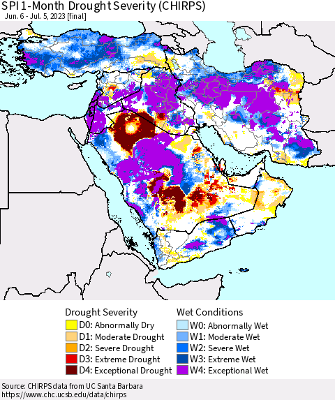 Middle East and Turkey SPI 1-Month Drought Severity (CHIRPS) Thematic Map For 6/6/2023 - 7/5/2023