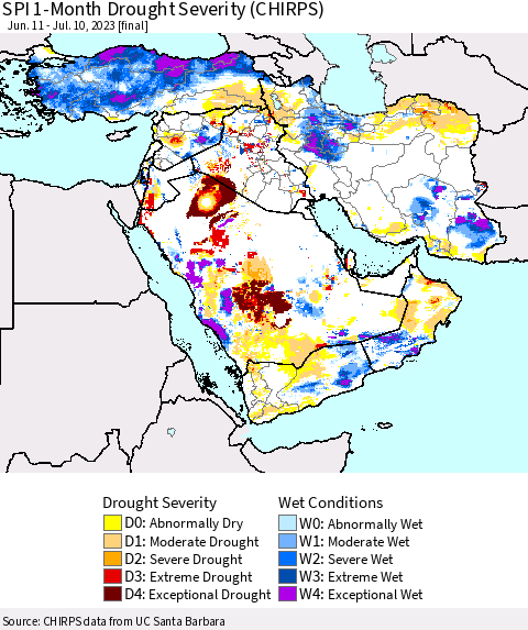 Middle East and Turkey SPI 1-Month Drought Severity (CHIRPS) Thematic Map For 6/11/2023 - 7/10/2023