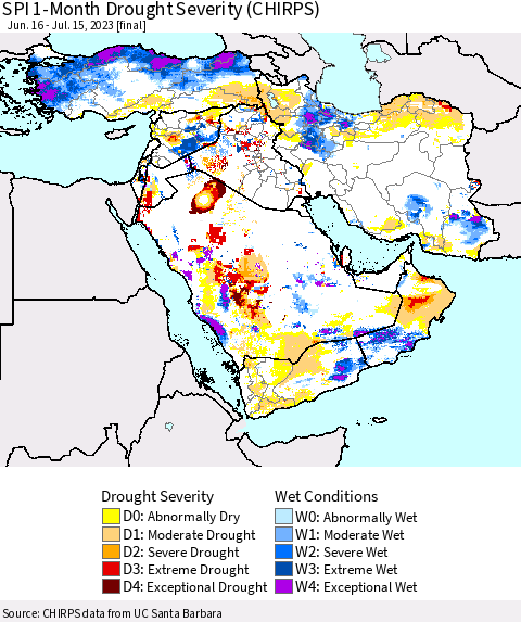 Middle East and Turkey SPI 1-Month Drought Severity (CHIRPS) Thematic Map For 6/16/2023 - 7/15/2023