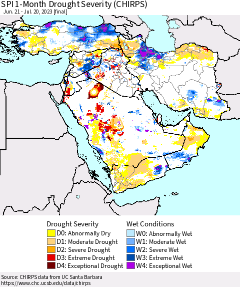 Middle East and Turkey SPI 1-Month Drought Severity (CHIRPS) Thematic Map For 6/21/2023 - 7/20/2023