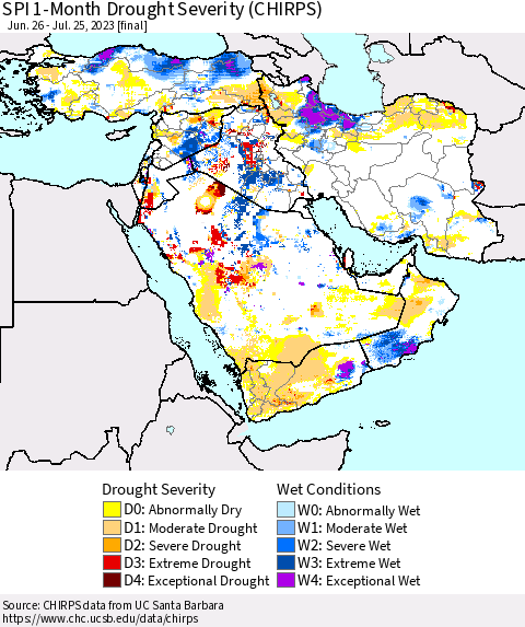 Middle East and Turkey SPI 1-Month Drought Severity (CHIRPS) Thematic Map For 6/26/2023 - 7/25/2023