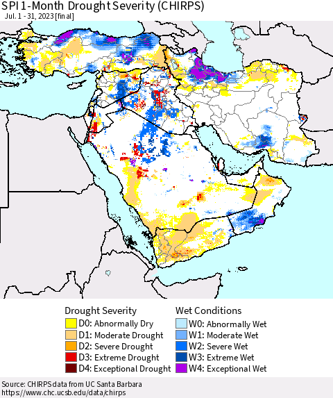 Middle East and Turkey SPI 1-Month Drought Severity (CHIRPS) Thematic Map For 7/1/2023 - 7/31/2023