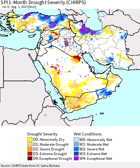 Middle East and Turkey SPI 1-Month Drought Severity (CHIRPS) Thematic Map For 7/6/2023 - 8/5/2023