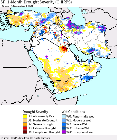 Middle East and Turkey SPI 1-Month Drought Severity (CHIRPS) Thematic Map For 7/11/2023 - 8/10/2023