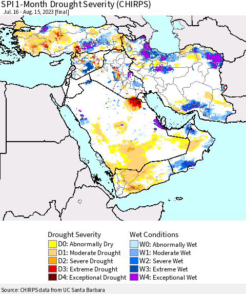 Middle East and Turkey SPI 1-Month Drought Severity (CHIRPS) Thematic Map For 7/16/2023 - 8/15/2023