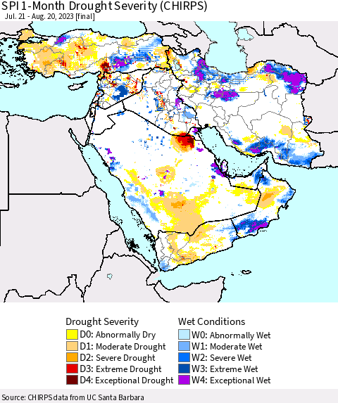 Middle East and Turkey SPI 1-Month Drought Severity (CHIRPS) Thematic Map For 7/21/2023 - 8/20/2023
