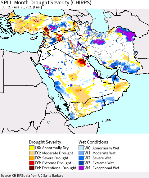 Middle East and Turkey SPI 1-Month Drought Severity (CHIRPS) Thematic Map For 7/26/2023 - 8/25/2023
