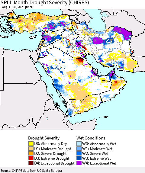Middle East and Turkey SPI 1-Month Drought Severity (CHIRPS) Thematic Map For 8/1/2023 - 8/31/2023
