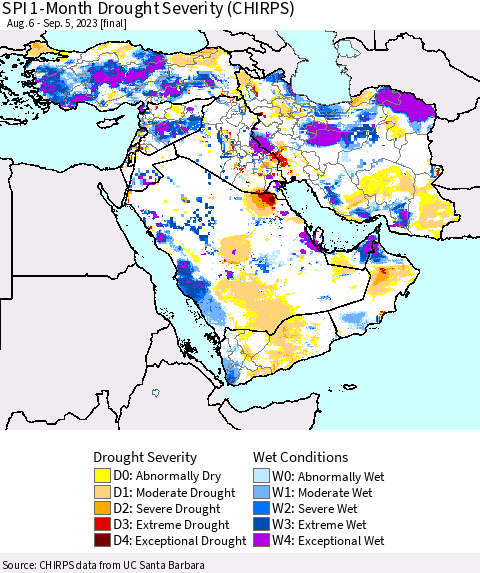 Middle East and Turkey SPI 1-Month Drought Severity (CHIRPS) Thematic Map For 8/6/2023 - 9/5/2023