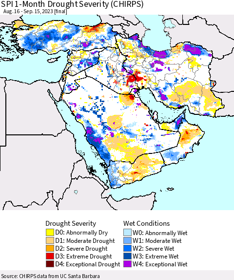 Middle East and Turkey SPI 1-Month Drought Severity (CHIRPS) Thematic Map For 8/16/2023 - 9/15/2023