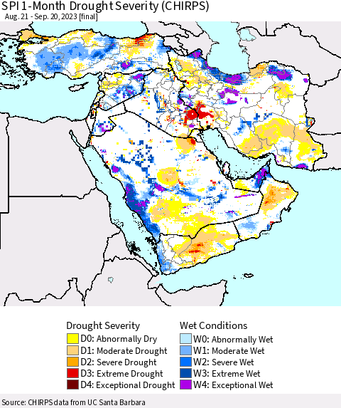 Middle East and Turkey SPI 1-Month Drought Severity (CHIRPS) Thematic Map For 8/21/2023 - 9/20/2023