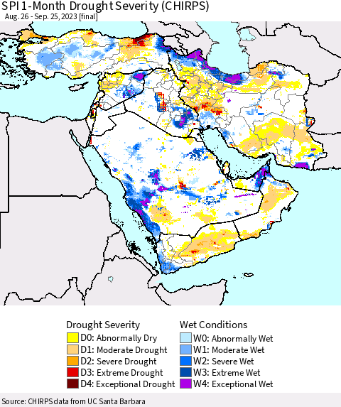 Middle East and Turkey SPI 1-Month Drought Severity (CHIRPS) Thematic Map For 8/26/2023 - 9/25/2023
