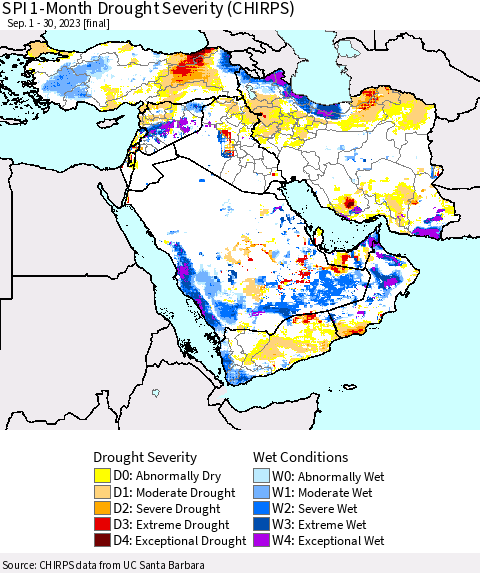 Middle East and Turkey SPI 1-Month Drought Severity (CHIRPS) Thematic Map For 9/1/2023 - 9/30/2023