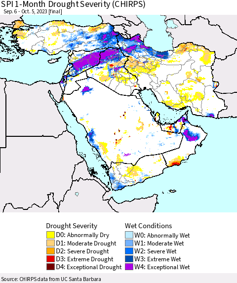 Middle East and Turkey SPI 1-Month Drought Severity (CHIRPS) Thematic Map For 9/6/2023 - 10/5/2023